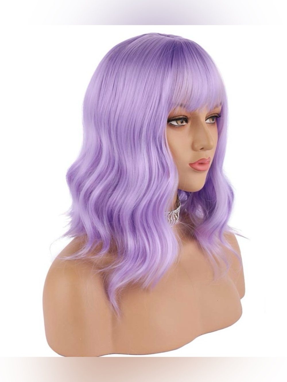 Lavender Purple 14-inch Wavy Synthetic Wig with Bangs